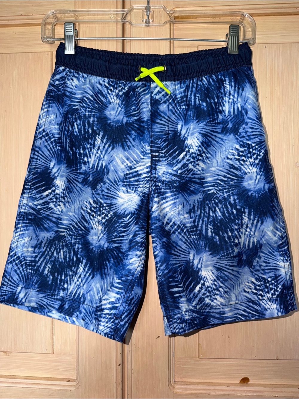 Lands' End Boys' Navy and Blue Tie-Dye Swim Trunks with Neon Drawstring